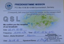 QSL Evangelische Missions Gemeinden Миссия Friedensstimme Германия Апрель 2016 года